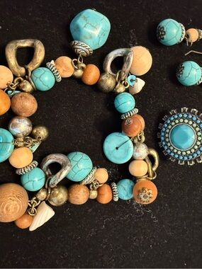 Turquoise & Natural Wood Bead Bracelet and Earring Set